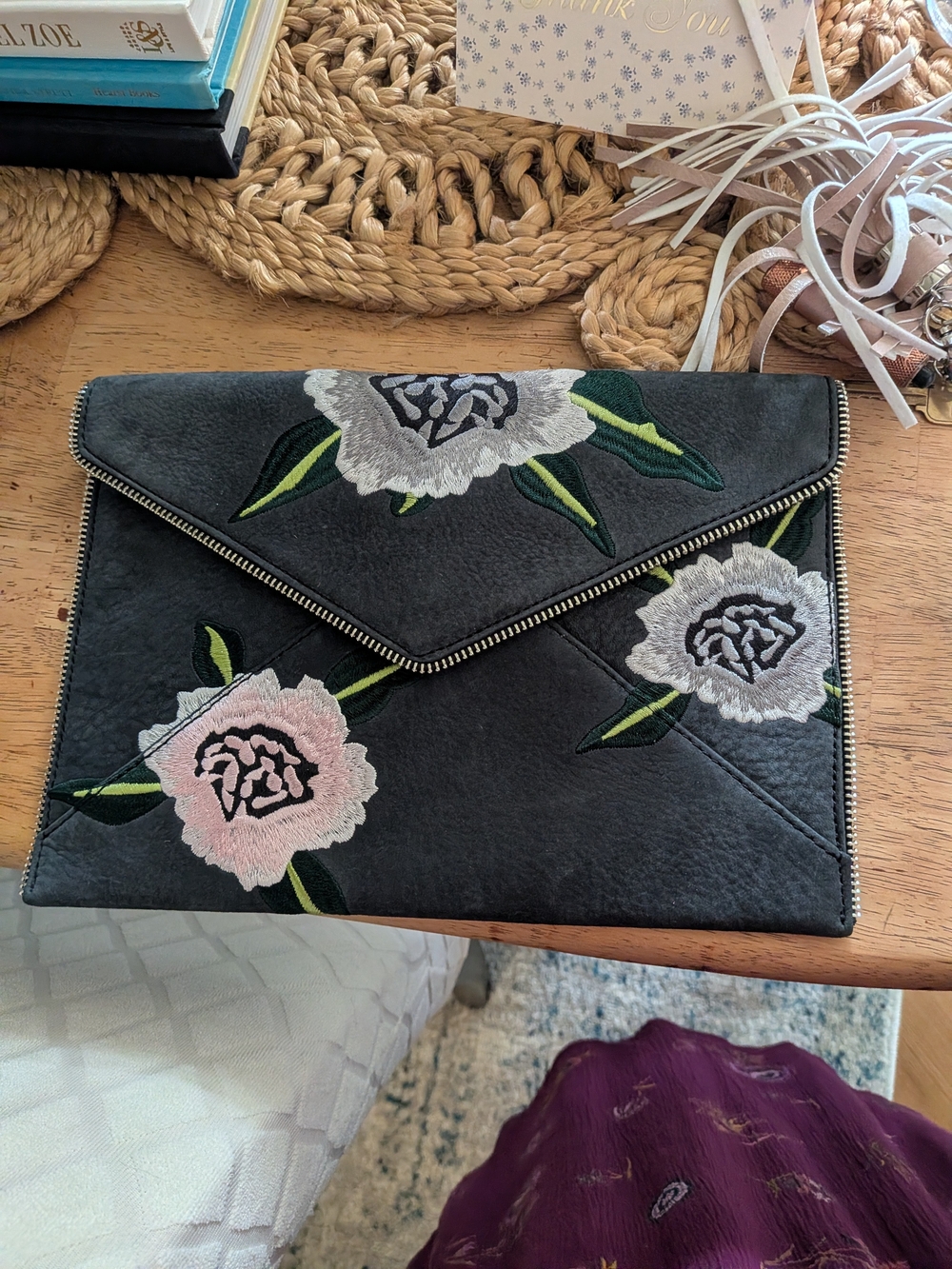 Rebecca Minkoff Black Floral Embroidered Envelope Clutch